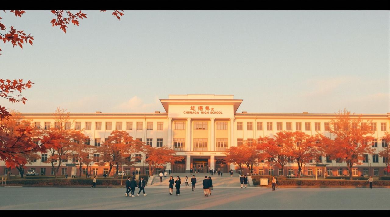 琪琪电影站头:夕阳下的校园与身着校服的学生